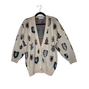 Vintage Tricots St. Raphael Cardigan Sweater Cream Cotton With Coat of Arms SzS
